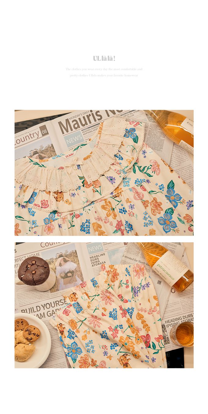 韓國 ULLALA - 童話熊花園荷葉領長袖睡衣套裝-淡黃 (FREE)