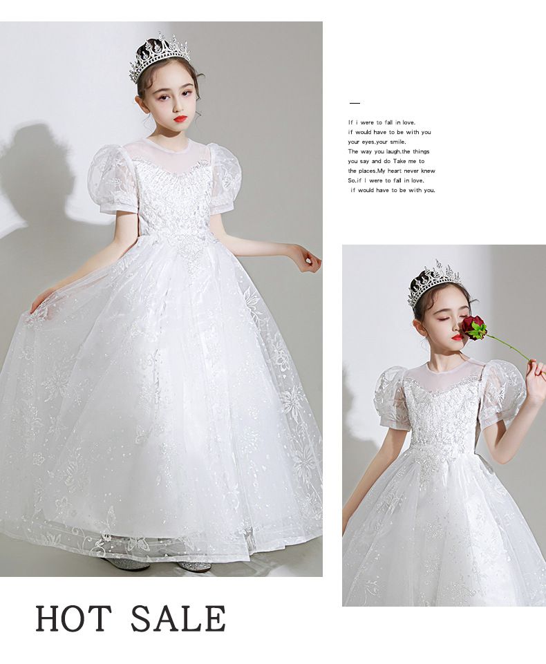 桃心V領公主泡泡五分袖網紗禮服-滿滿亮片-白色