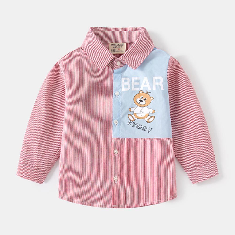 WELLKIDS - 童趣休閒條紋長袖襯衫-熊熊故事-紅色