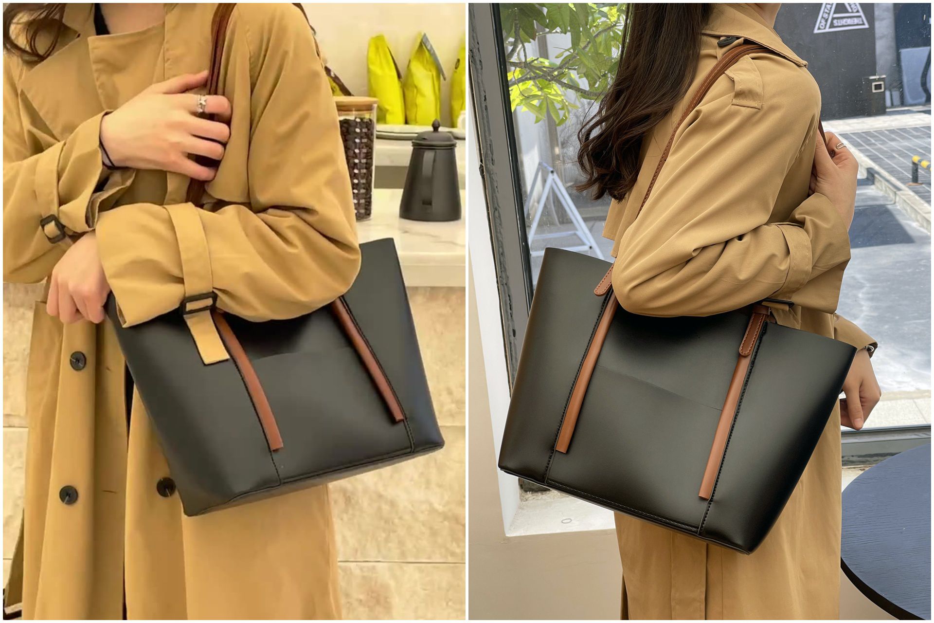 歐美風復古大容量單肩托特包-側邊小口袋-棕+黑 (26x29x12cm)