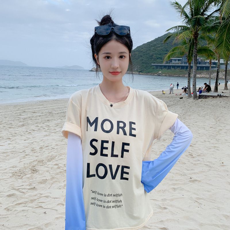 寬鬆成人冰絲防曬袖套-漸層款-粉+藍 (F(約48x12cm))