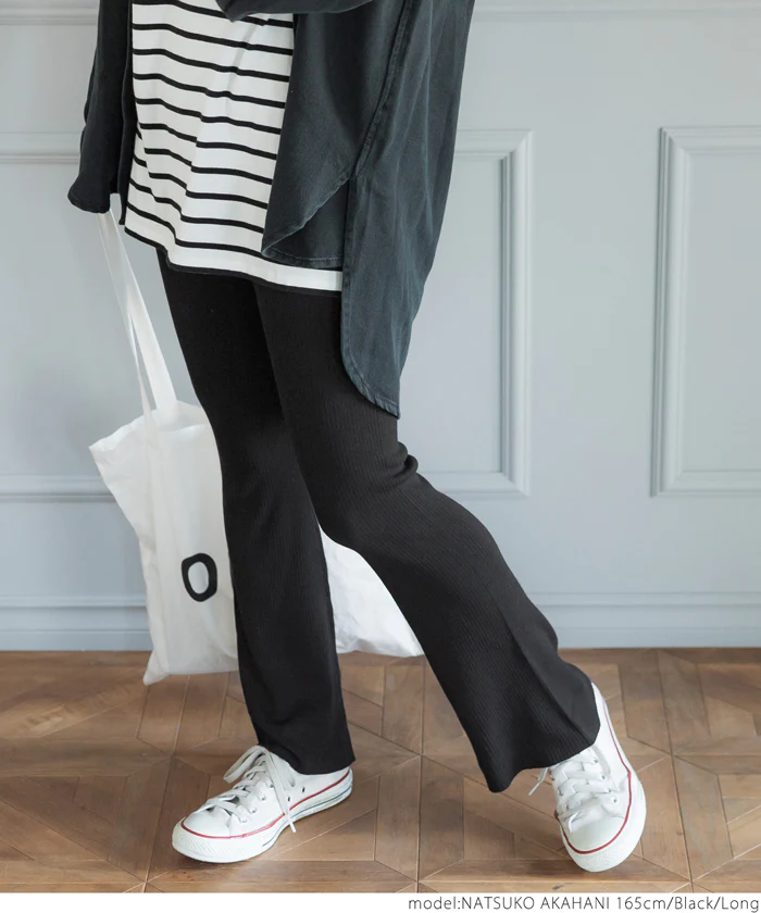 日本 COCA - 修長美腿羅紋微喇叭長褲-深綠