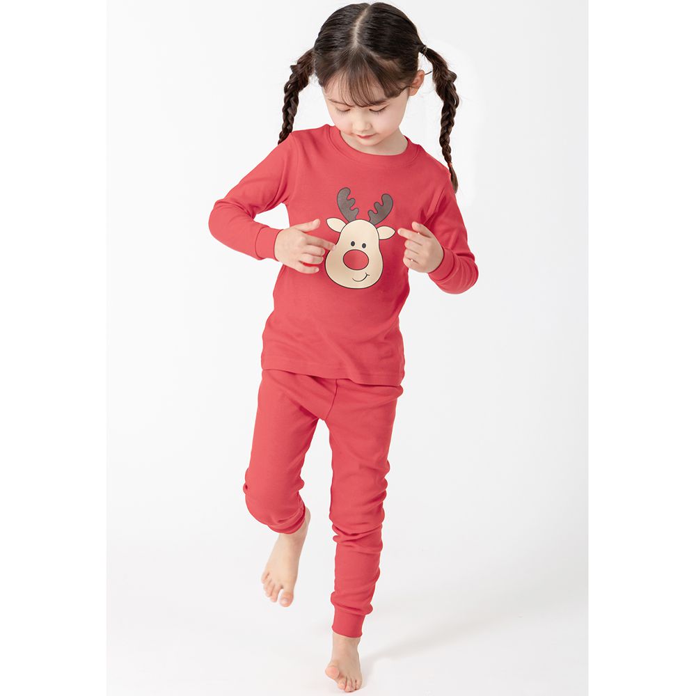 韓製30支純棉柔軟長袖家居服-可愛魯道夫-紅