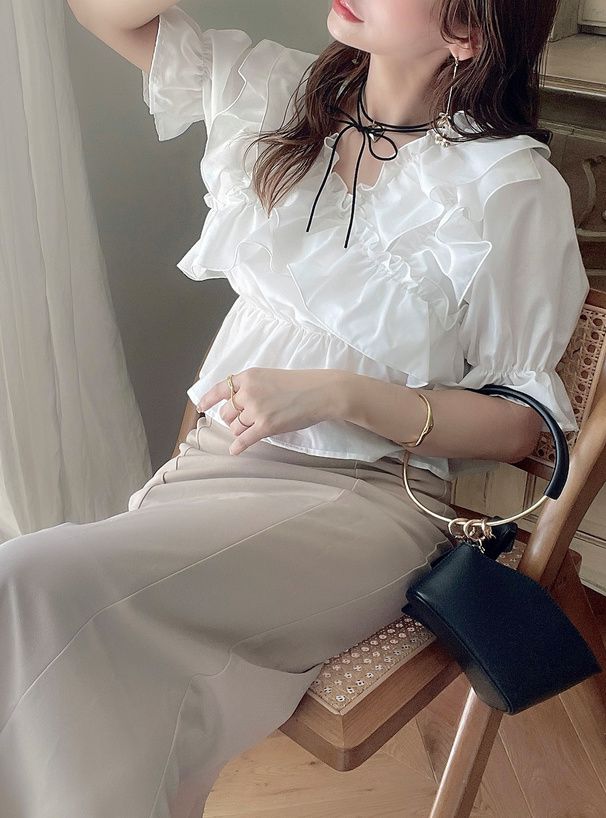 日本 GRL - 華麗荷葉邊層次短袖上衣-白 (F)