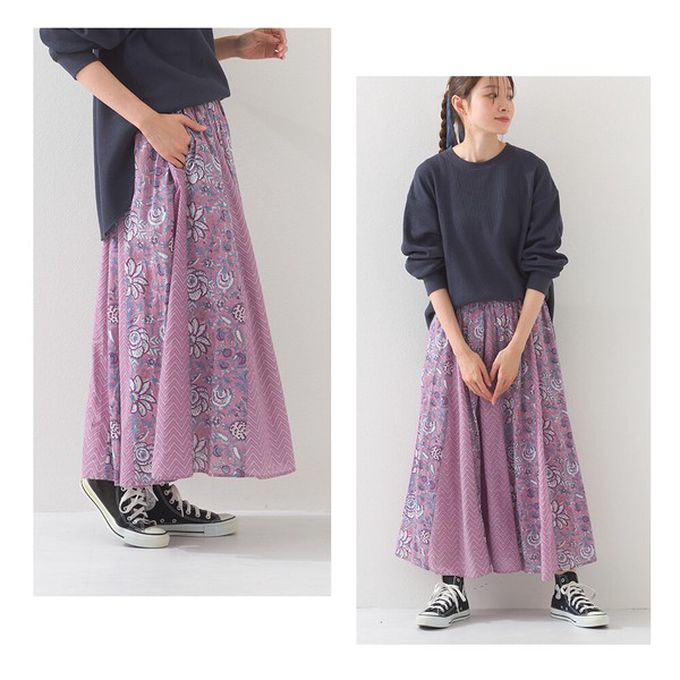 日本 OMNES - 100%印度棉 奢華印花飄逸感長裙-寶藍