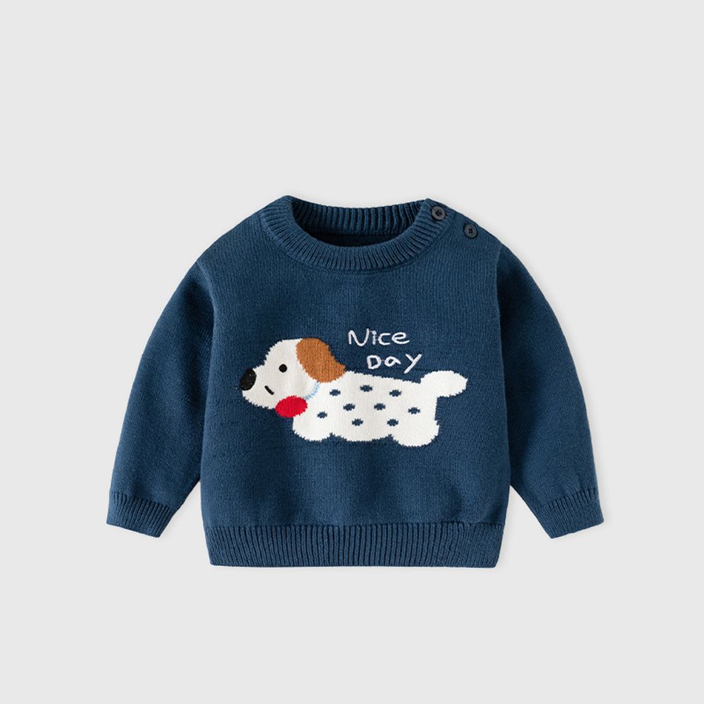 圓領針織長袖上衣-快樂狗狗-深藍