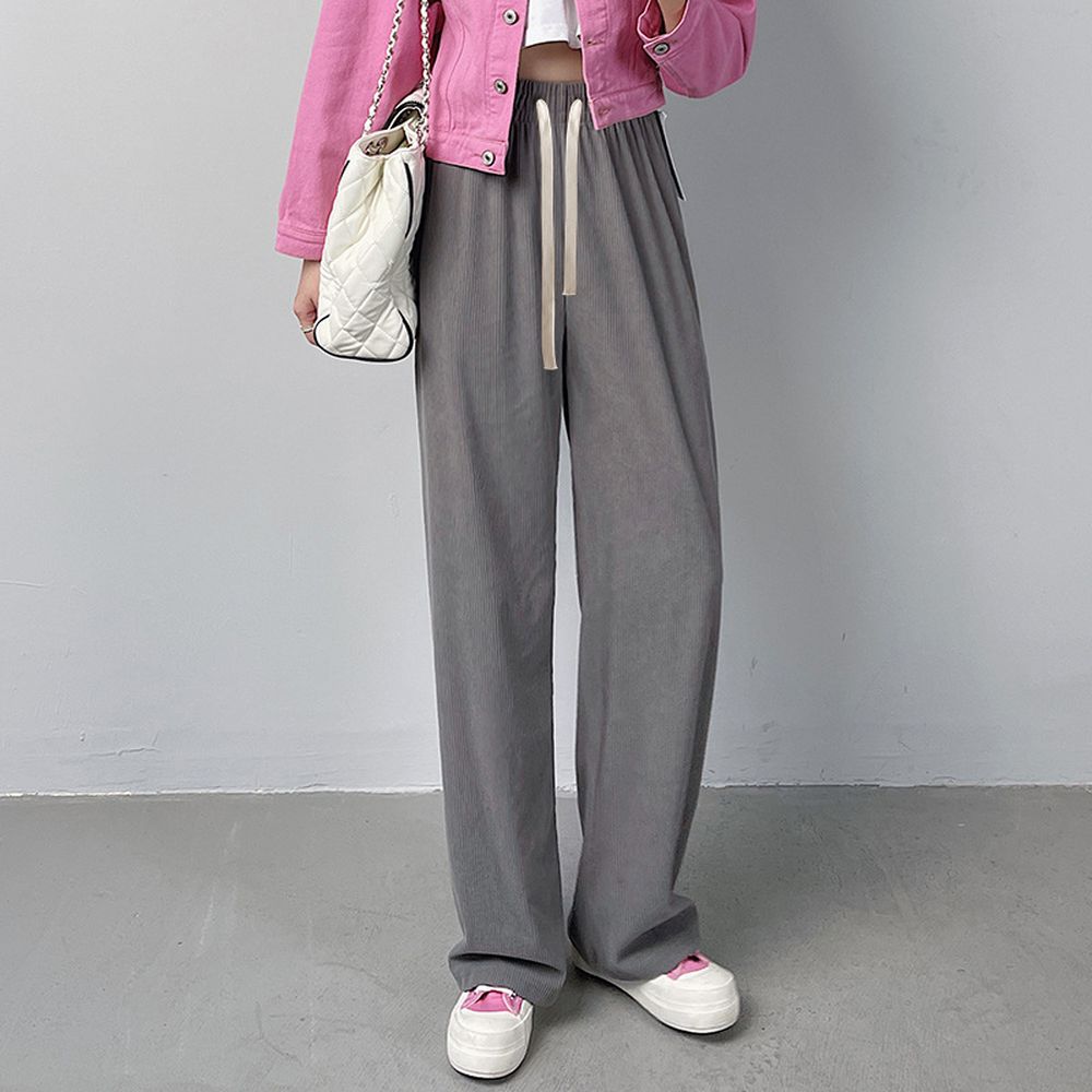 腰鬆緊高腰顯瘦抽繩燈芯絨長褲-知性灰
