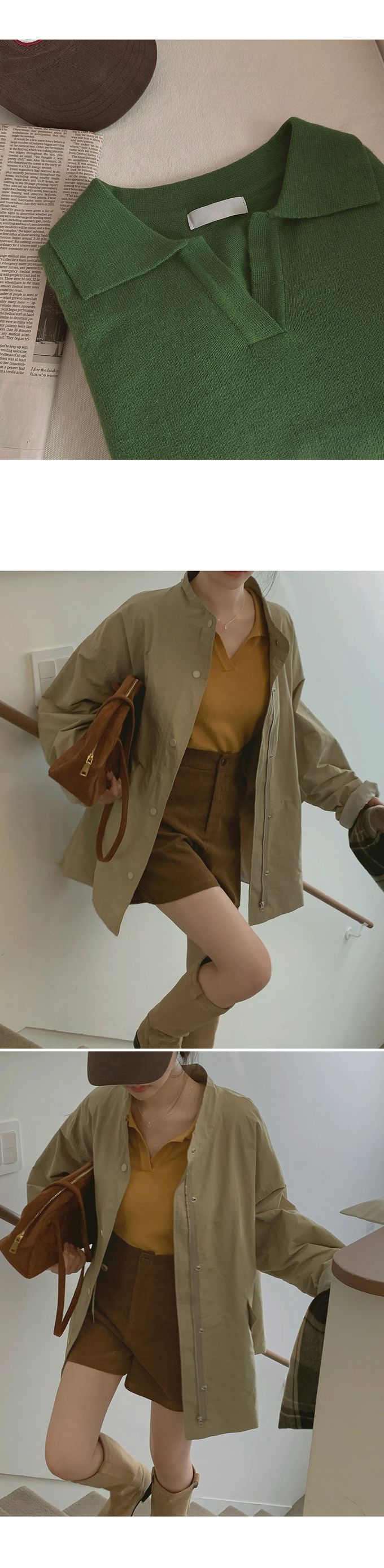 韓國女裝代購 - 小V翻領混羊毛長袖針織上衣-燕麥 (FREE)