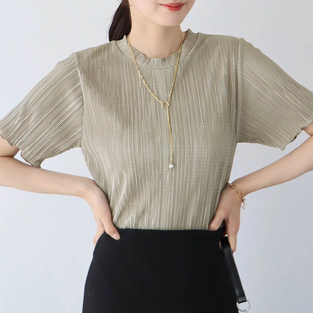 韓國製 圓領貝殼紋光澤短袖上衣-卡其棕