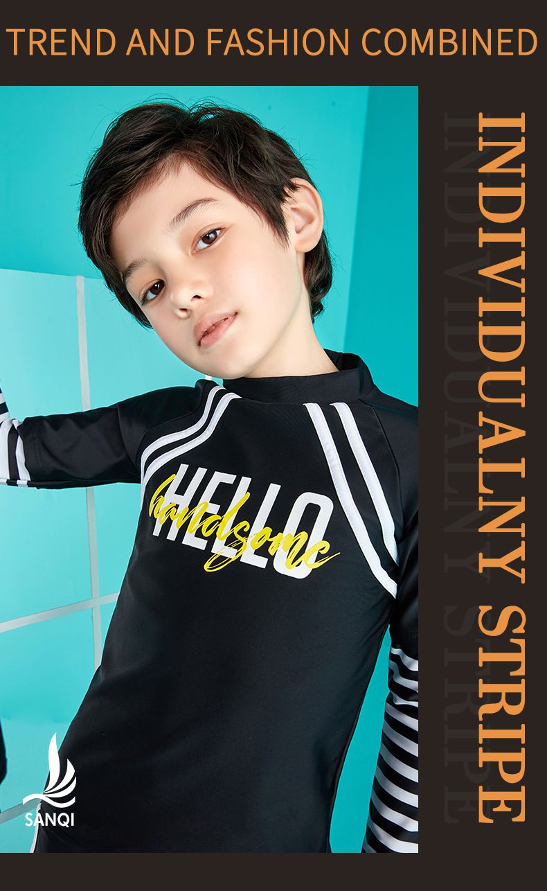 男寶運動風長袖泳衣套裝-HELLO-黑色