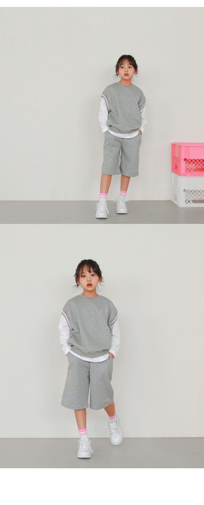 韓國 J KIDS - 甜美風格寬鬆背心短褲套裝-灰