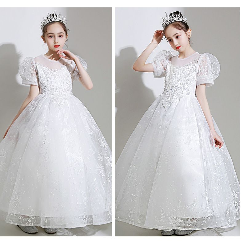 桃心V領公主泡泡五分袖網紗禮服-滿滿亮片-白色