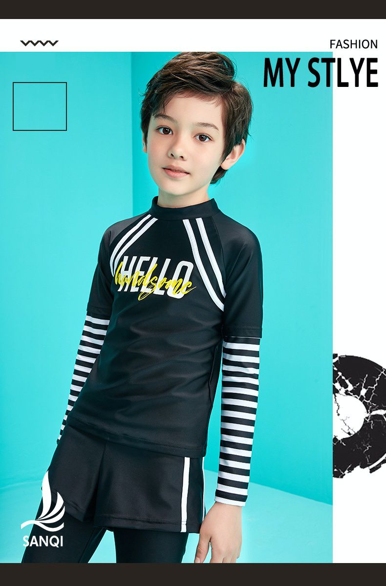 男寶運動風長袖泳衣套裝-HELLO-黑色