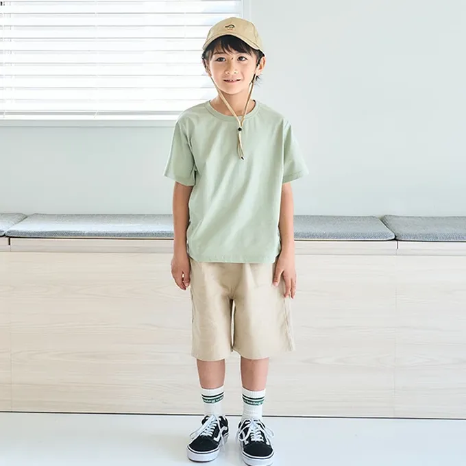 日本 petit main - 100%棉 清新印花短袖上衣-向日葵-鮭魚粉