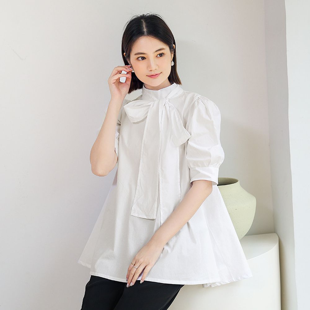 優雅小立領燈籠袖上衣-蝴蝶結-白色 (F)