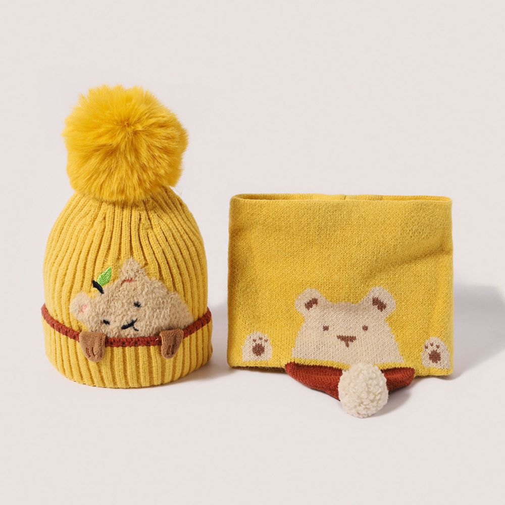 小熊圍脖毛帽組-黃色 (帽圍50-54CM/建議年齡3-8歲)
