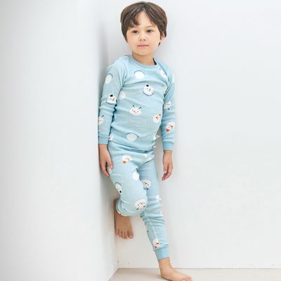 韓國 Maykids - 親膚舒絨棉彈性長袖家居服-童趣雪人-天藍