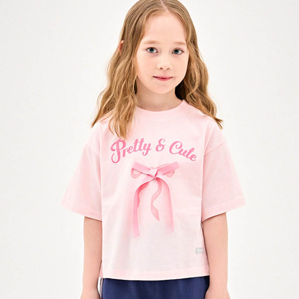 浪漫緞帶裝飾短袖上衣-粉