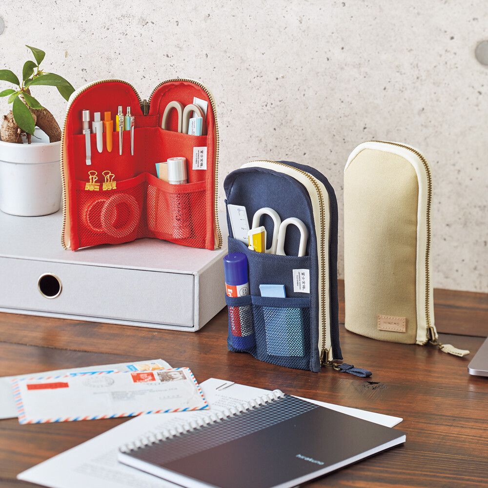 日本文具 LIHIT - 日本國產帆布雙向站立筆袋/鉛筆盒-黑 (L(約18支筆))