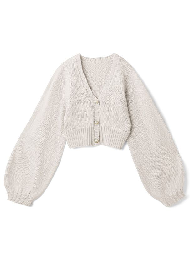 日本 GRL - V領珍珠釦泡泡袖針織外套-淺粉紫 (F)