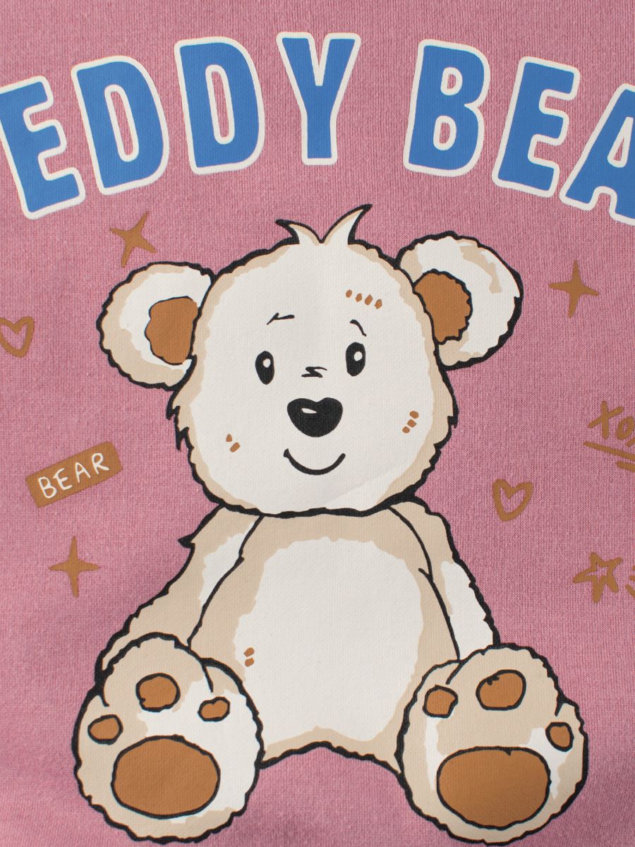 (大童)加絨圓領長袖上衣/大學T-微笑熊熊-粉色