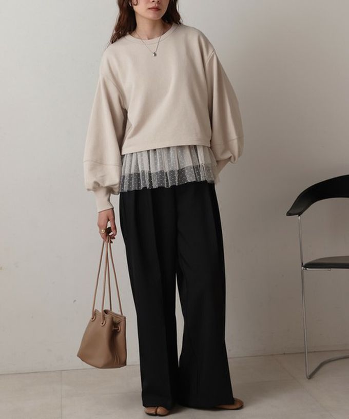 日本 Bab - 浪漫層次吊帶+裏毛上衣(2件組)-圓點薄紗-米白