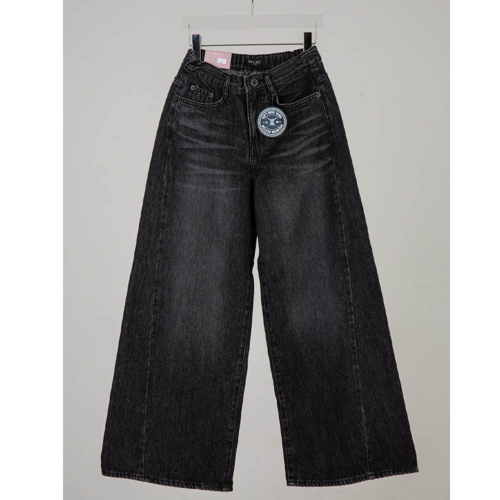 96PLACE 後鬆緊切割線美型丹寧寬褲-黑