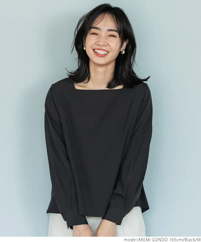 日本 COCA - 裏起毛方領珍珠釦長袖上衣-灰藍