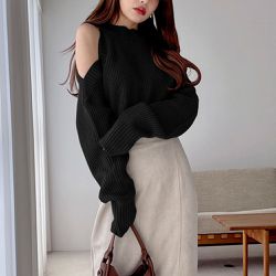 日本 GRL - 成熟柔美露肩寬鬆袖針織上衣-黑 (F)