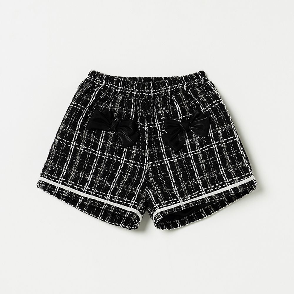 鬆緊腰蝴蝶結裝飾毛呢短褲-黑