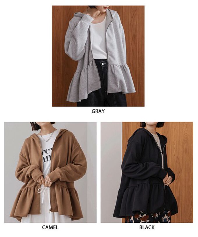 日本 Bab - 可愛荷葉下擺連帽運動風外套-黑