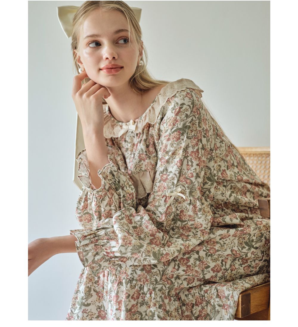 韓國 ULLALA - 絕美公主純棉長袖睡衣-(洋裝式)-奶油色 (FREE)