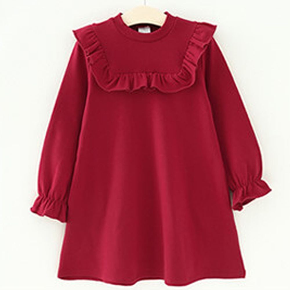 日本 Maison de Ravi - 方形荷葉領長袖洋裝(薄裏起毛)-熱情紅