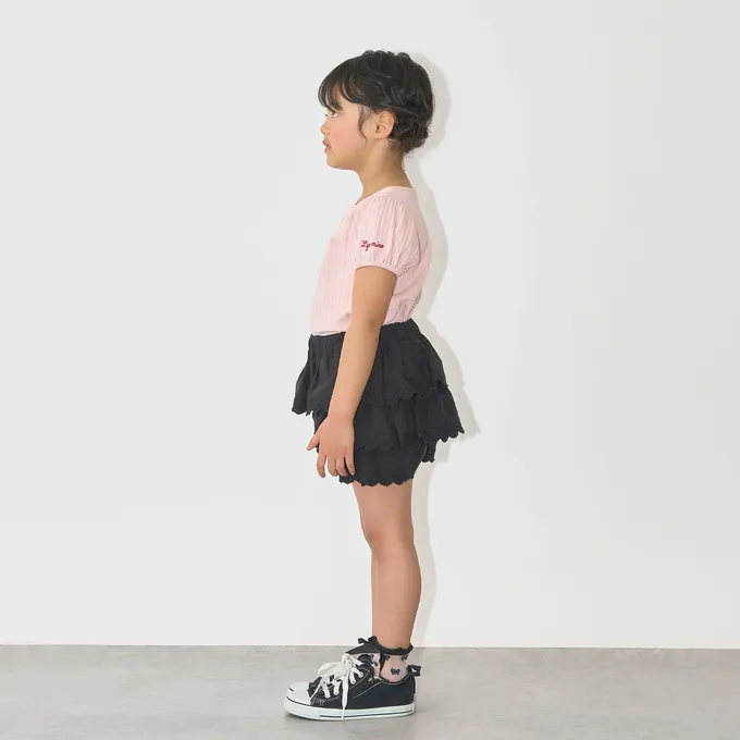 日本 Lycee mine - 方領羅紋可愛刺繡泡泡短袖上衣-愛心-粉紅