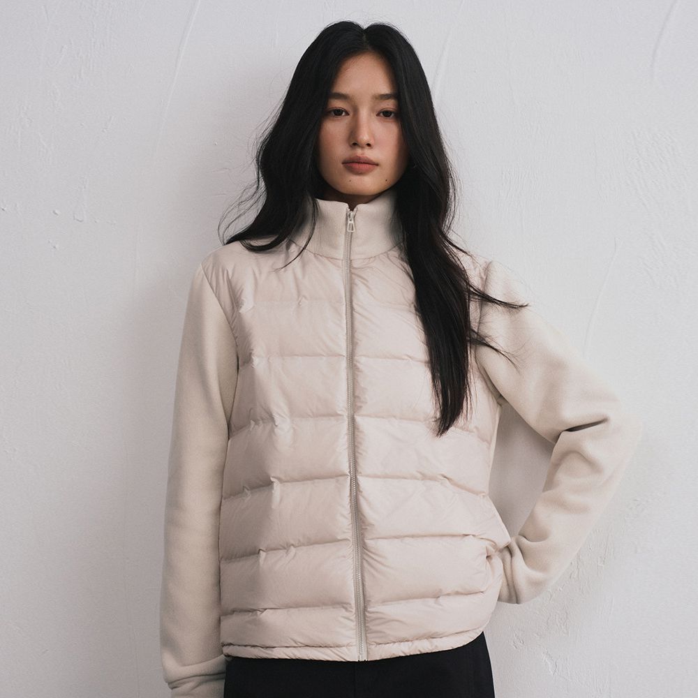 90%羽絨拼接搖粒絨外套-清新米