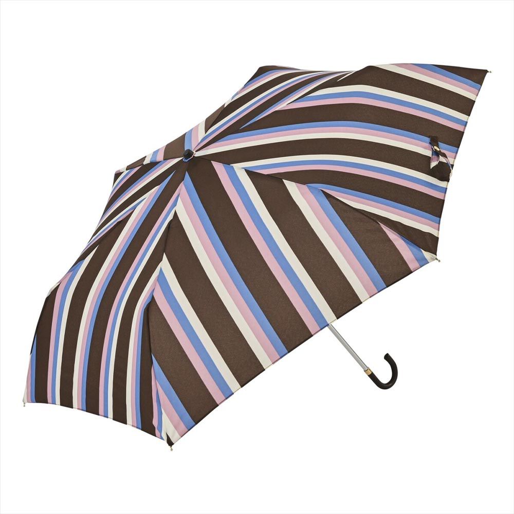 日本 nifty colors - 抗UV輕量 晴雨兩用J型手把折疊傘-經典條紋-咖啡 (直徑90cm/173g)