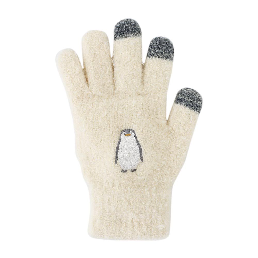日本 TOMO - 大人可觸控短絨保暖手套-企鵝-米白