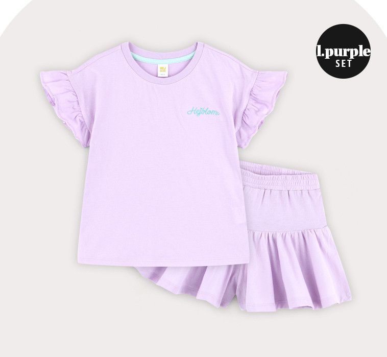 韓國 HEJMINI - 荷葉袖皺褶短褲套裝-紫