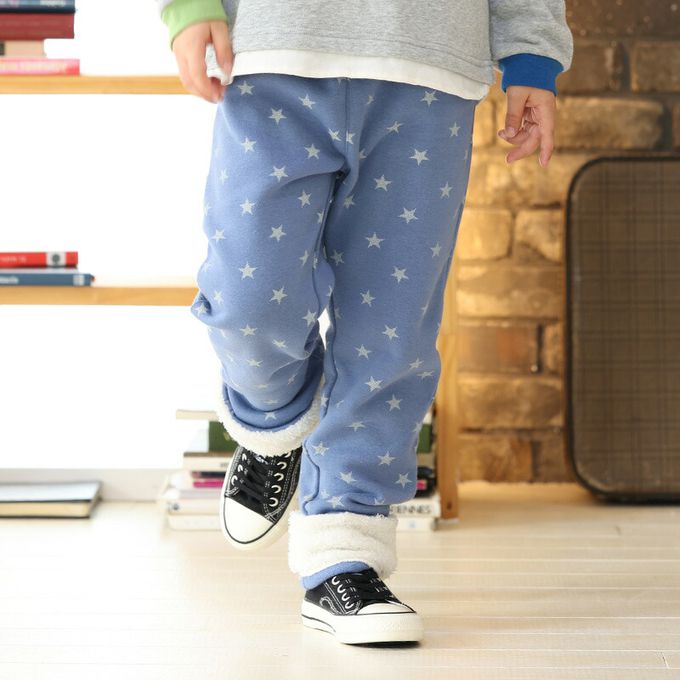 日本 ZOOLAND - 熊耳口袋滿版星星裏毛長褲-卡其