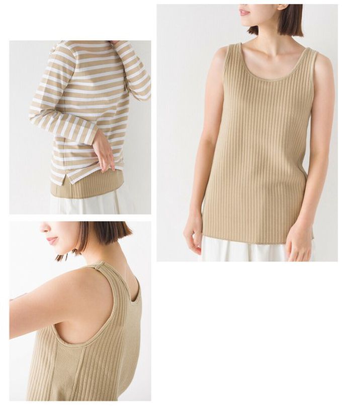 日本 OMNES - 直羅紋圓領無袖背心/內搭-卡其