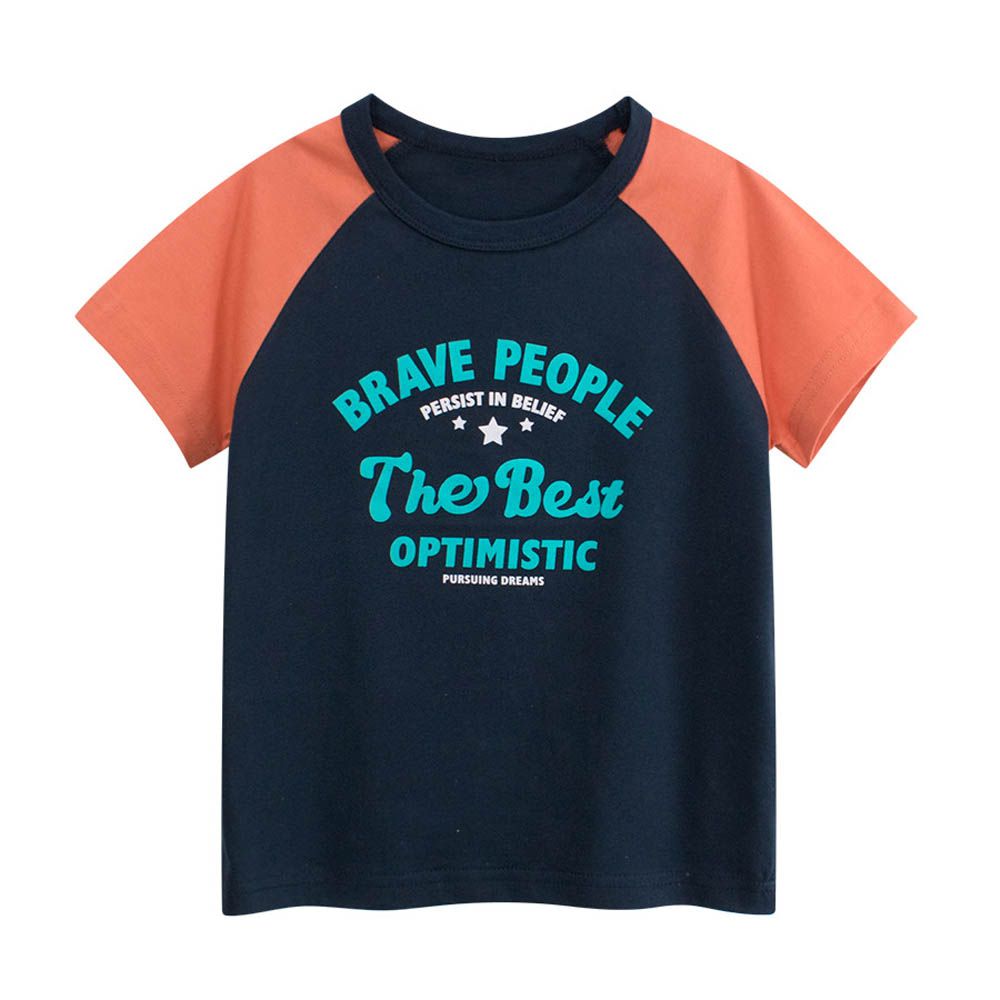 純棉短袖上衣-文字標語-藏青/橘