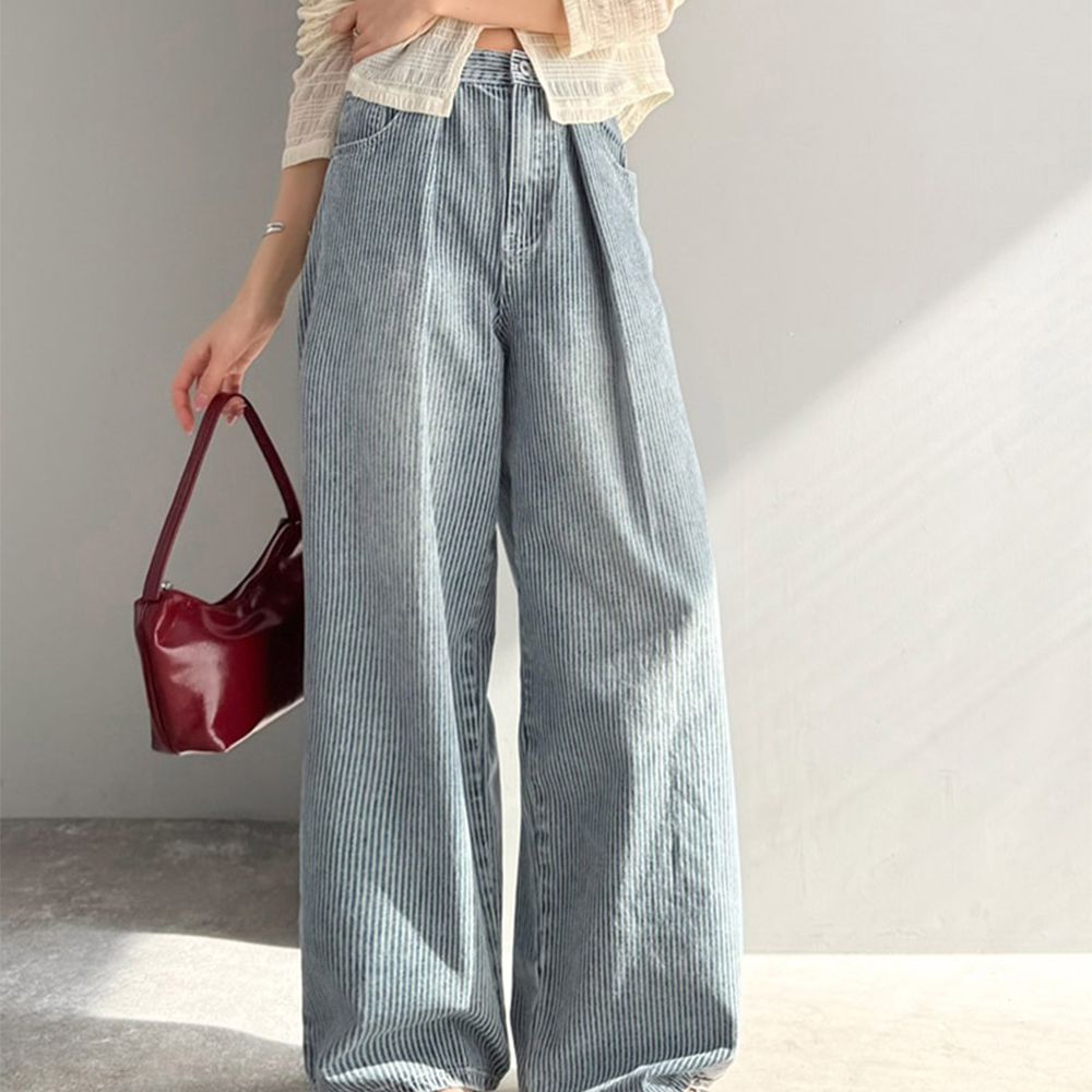 mily bilet 復古條紋刷色寬鬆廓形丹寧褲-淺藍