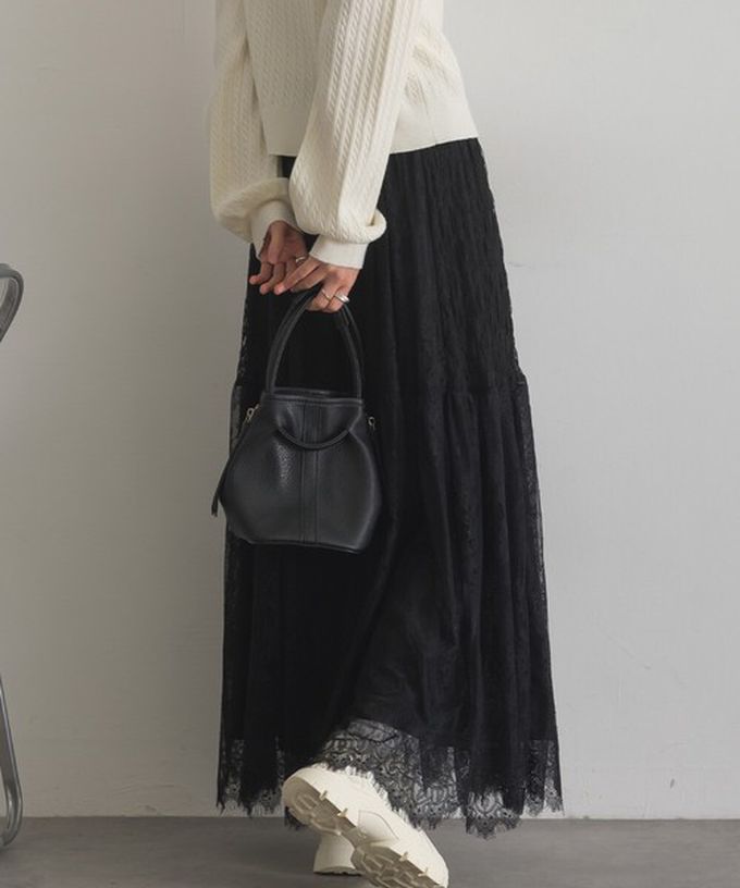 日本 ELENCARE DUE - 奢華睫毛蕾絲飄逸長裙(2件式)-黑