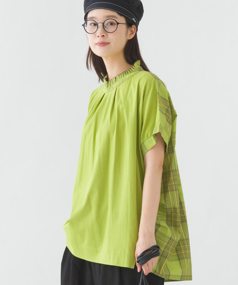 日本女裝代購 - 100%印度棉格紋拼接短袖上衣-深藍