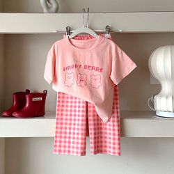 萊卡薄款短袖寬褲家居服套裝/空調服-熊熊+格子褲-粉色