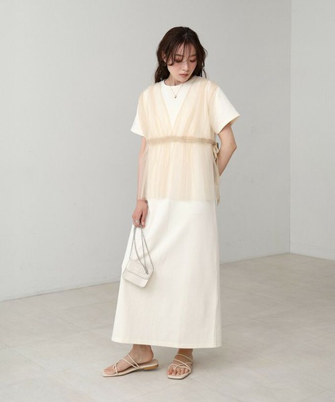 日本 Bab - 層次設計感薄紗拼接短袖洋裝-象牙