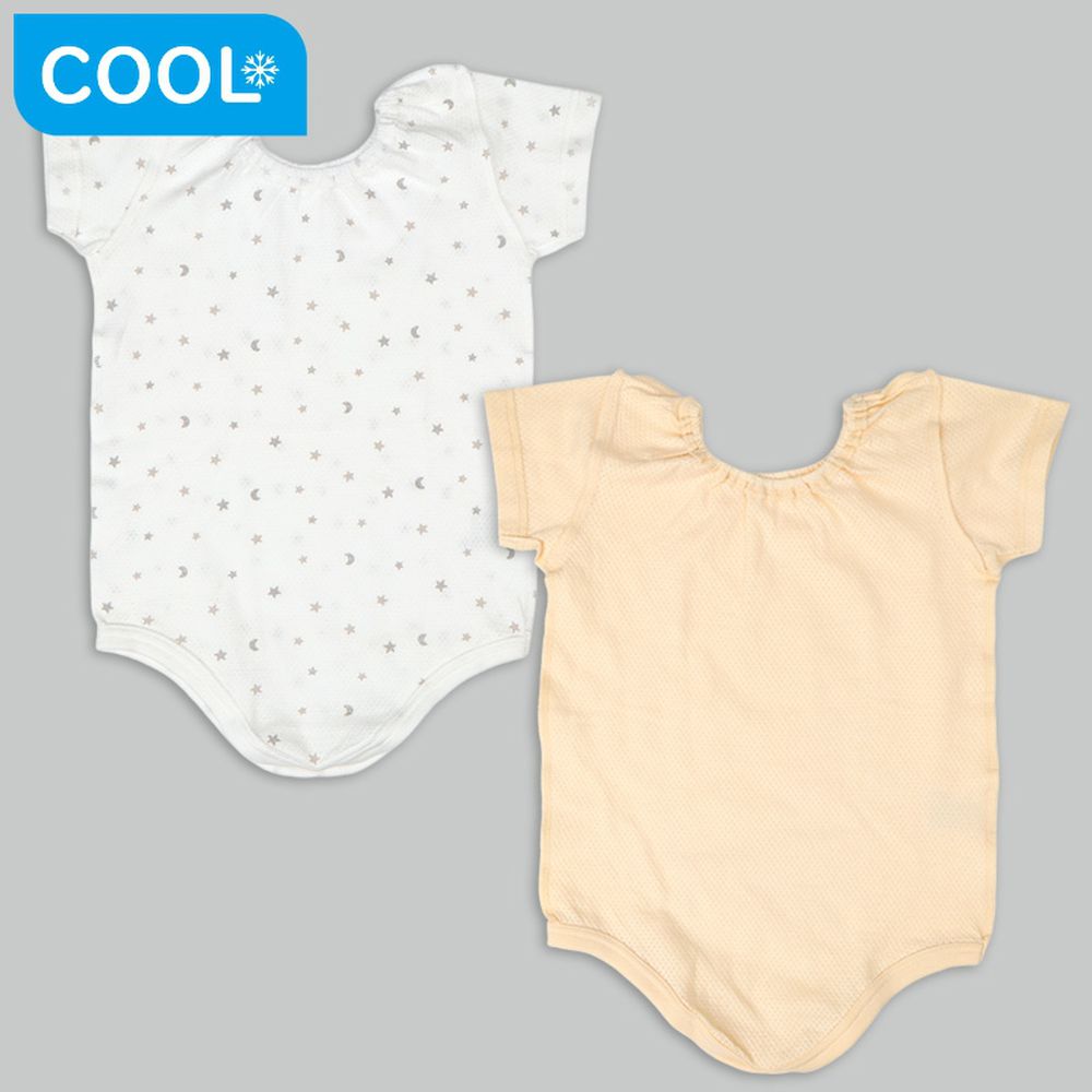 輕鬆方便短袖包屁衣2件組-網眼 套頭 星月-黃色