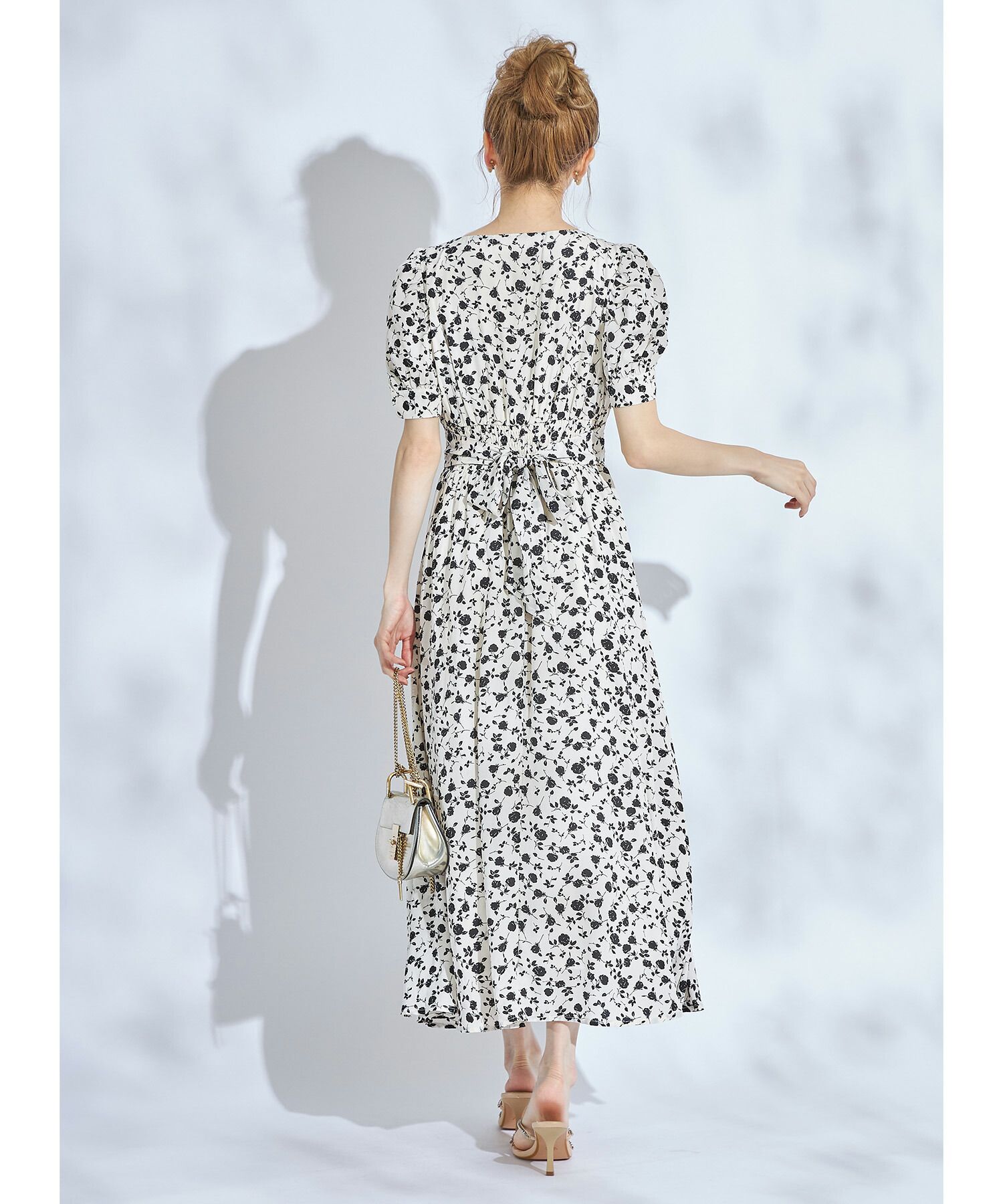 日本 tocco-closet - 愛心領泡泡袖雪紡洋裝-典雅玫瑰-鮭魚粉