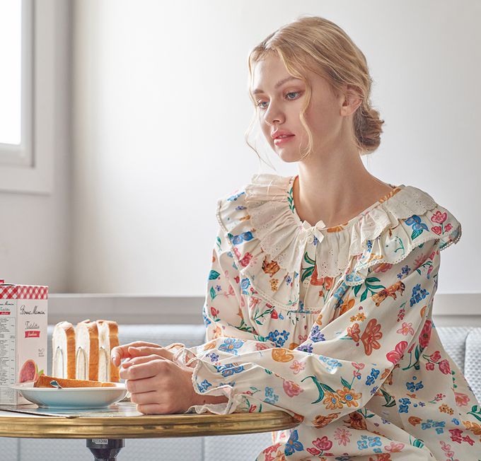 韓國 ULLALA - 童話熊花園荷葉領長袖睡衣套裝-淡黃 (FREE)