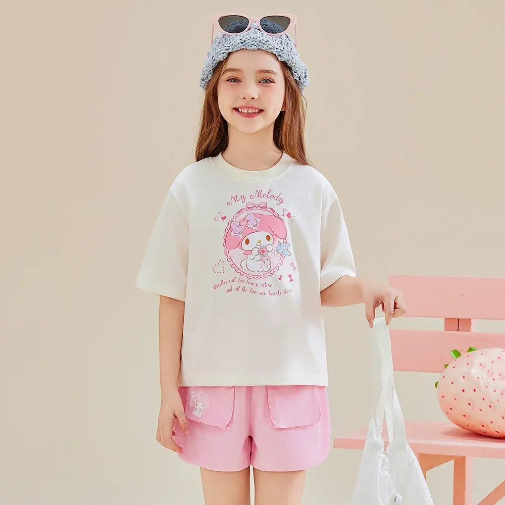 純棉圓領短袖上衣+造型短褲套裝-卡通人物美樂蒂-粉色